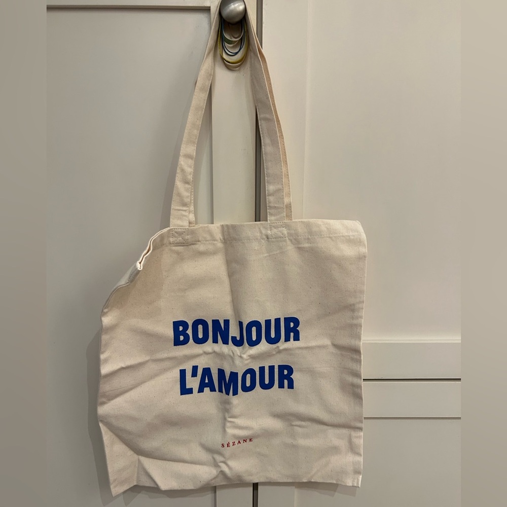 NWOT Sezane Cream Tote Bag with Blue Print